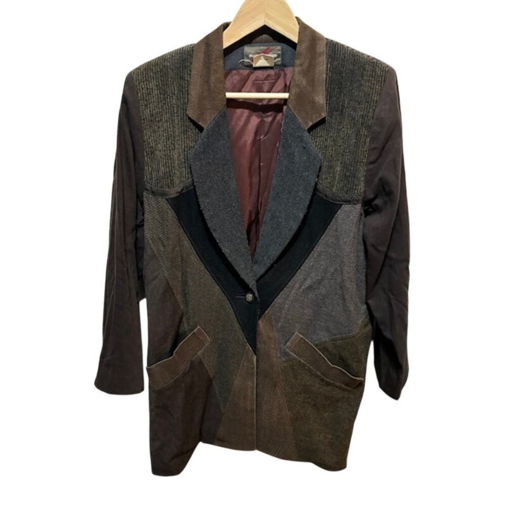 Vintage 80s Mary Flanagan Brown Gray Patchwork Sports Coat Single Button Blazer